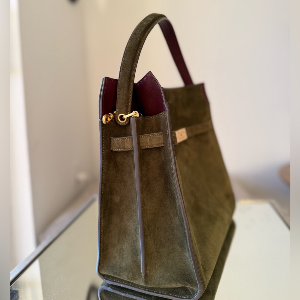 Tory Burch Large Lee Radziwill Olive Green Suede Satchel with Burgundy Trim - Picture 10 of 12